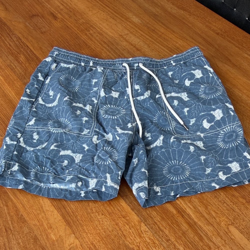 Grayers Navy Blue Floral-Pattern Swim Trunks with White Drawstring